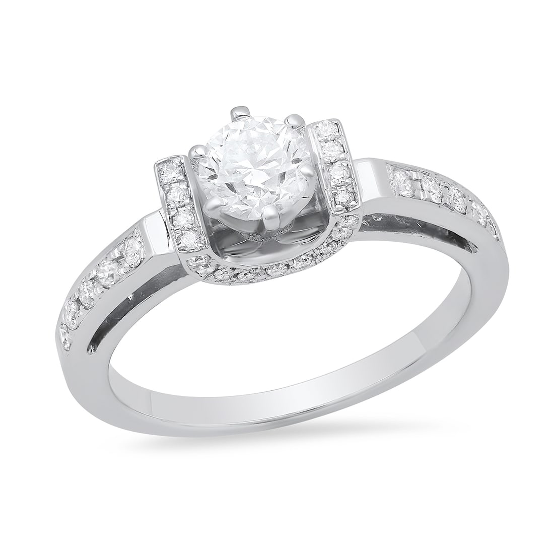 18K White Gold Setting with 0.58ct Center Diamond and 1.28tcw Diamond Ladies Ring: Retail: $5,380.00 ****** 18K White Gold Setting with 0.58ct Center Diamond and 1.28tcw Diamond Ladies Ring ****** Size: 7.25(we offer free resizing to winning bidders) / Metal: 18K White Gold / Total