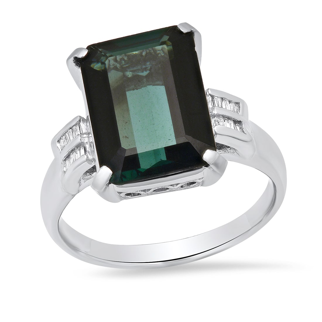 Platinum Setting with 7.81ct Green Tourmaline and 0.14ct Diamond Ladies Ring: Retail: $9,500.00 ****** Platinum Setting with 7.81ct Green Tourmaline and 0.14ct Diamond Ladies Ring ****** Size: 10(we offer free resizing to winning bidders) / Metal: Platinum / Total Item Weight: 