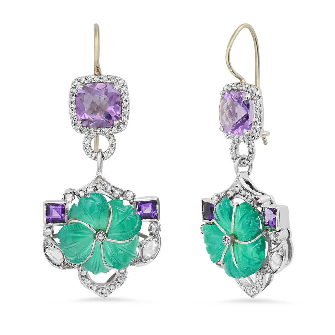 18K White Gold Setting with 3.5ct Amethyst, Chalcedony and 1.25ct Diamond Earrings: Retail: $2,930.00 ****** 18K White Gold Setting with 3.5ct Amethyst, Chalcedony and 1.25ct Diamond Earrings ****** Metal: 18K White Gold / Total Item Weight: 13.88 Grams / Country Made: United States