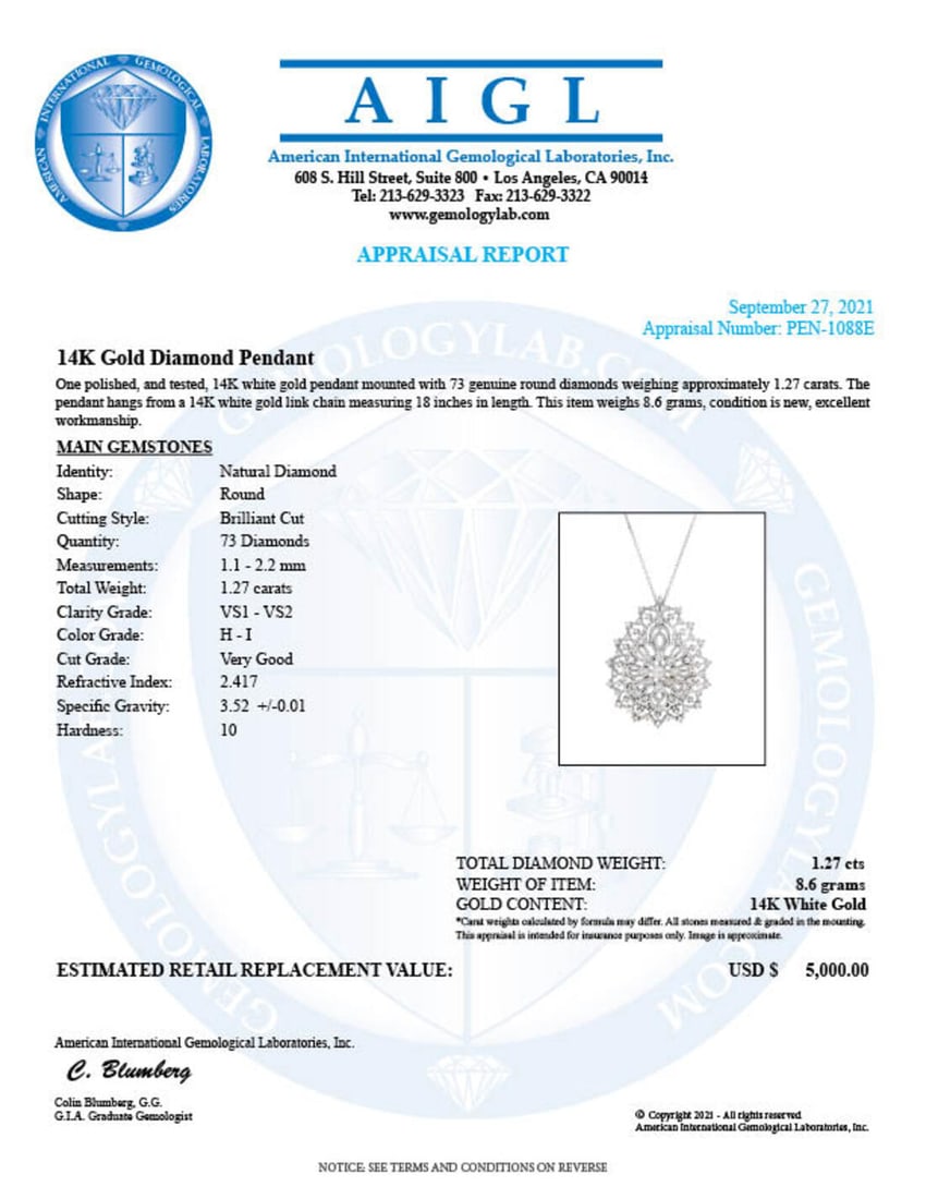 14K White Gold Setting with 1.27ct Diamond Pendant: Retail: $5,000.00 ****** 14K White Gold Setting with 1.27ct Diamond Pendant ****** Metal: 14K White Gold / Total Item Weight: 8.6 Grams / Country Made: United States / / Main Stone: Diamond / Carat To
