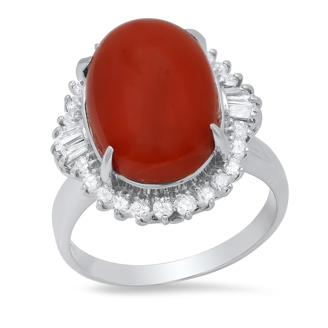 Platinum Setting with 7.60ct Coral and 0.59ct Diamond Ladies Ring: Retail: $10,200.00 ****** Platinum Setting with 7.60ct Coral and 0.59ct Diamond Ladies Ring ****** Size: 7.25(we offer free resizing to winning bidders) / Metal: Platinum / Total Item Weight: 10.3 Gra