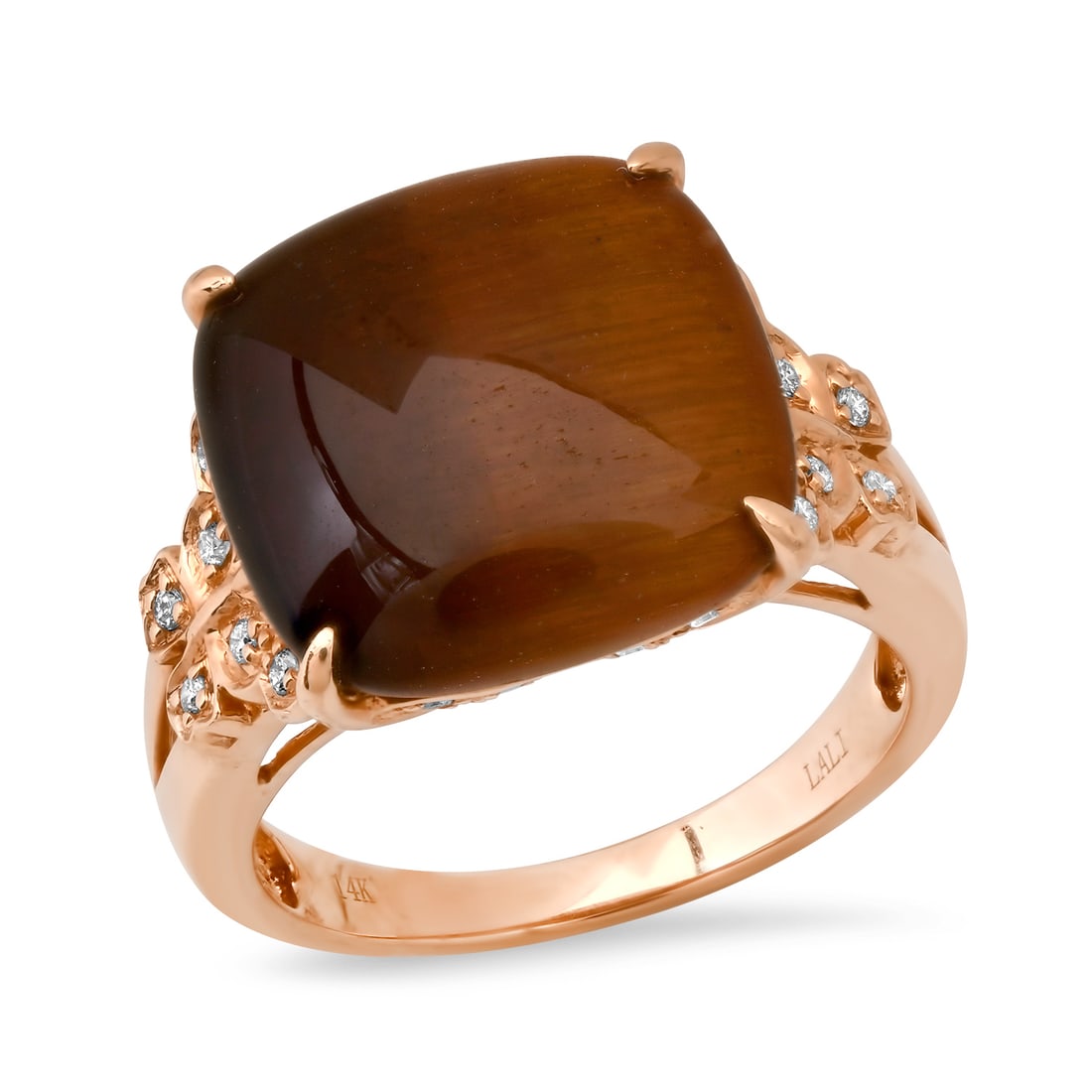 14K Rose Gold Setting with 11.50ct Quartz Tigers Eye" and 0.18ct Diamond Ladies Ring": Retail: $3,800.00 ****** 14K Rose Gold Setting with 11.50ct Quartz Tigers Eye" and 0.18ct Diamond Ladies Ring ****** Size: 7 (we offer free resizing to winning bidders) / Metal: 14K Rose Gold / Total