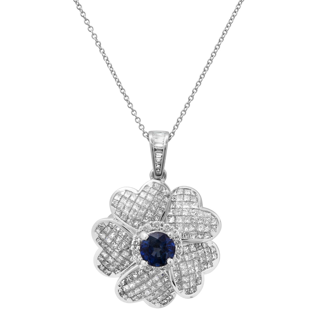 18K White Gold Setting with 1.36ct Sapphire and 3.68ct Diamond Pendant: Retail: $16,380.00 ****** 18K White Gold Setting with 1.36ct Sapphire and 3.68ct Diamond Pendant ****** Size: 20 / Metal: 18K White Gold with 14K Chain / Total Item Weight: 10.2 Grams / Country Made: 