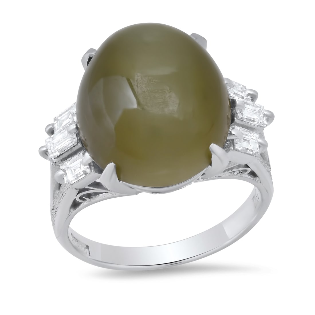 Platinum Setting with 14.0ct Cats Eye Chrysoberyl and 0.51ct Diamond Ladies Ring: Retail: $20,120.00 ****** Platinum Setting with 14.0ct Cats Eye Chrysoberyl and 0.51ct Diamond Ladies Ring ****** Size: 6 (we offer free resizing to winning bidders) / Metal: Platinum / Total Item Wei