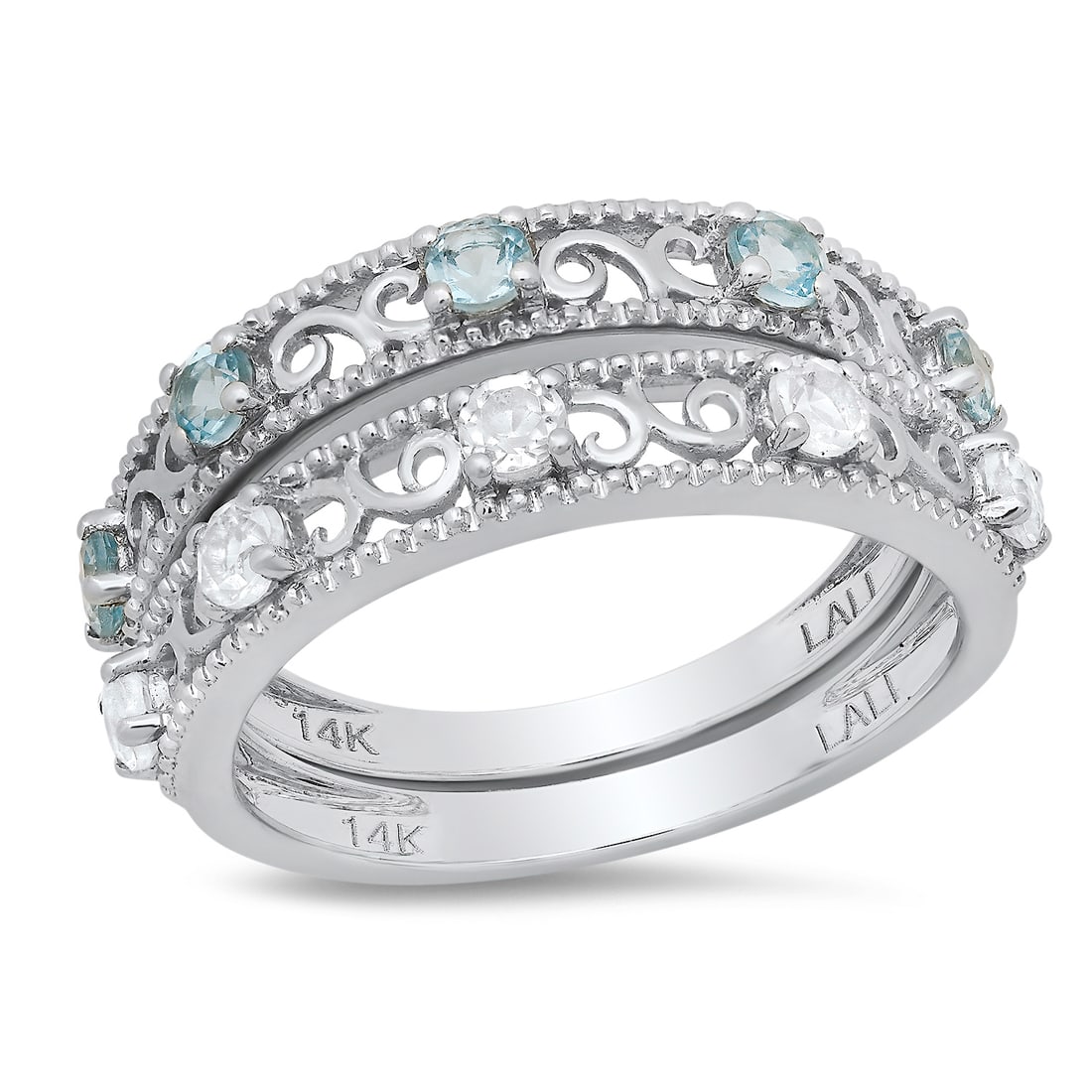 14K White Gold Setting with 0.50ct Topaz LALI" Designor Two Ring Set Ladies Ring": Retail: $1,820.00 ****** 14K White Gold Setting with 0.50ct Topaz LALI" Designor Two Ring Set Ladies Ring ****** Size: 7 (we offer free resizing to winning bidders) / Metal: 14 White Gold / Total Item