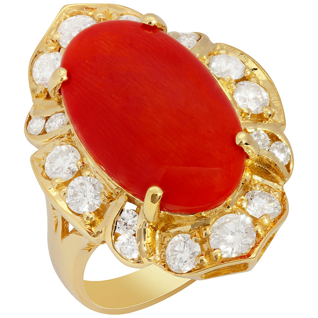 14k Yellow Gold 5.55ct Coral 1.42ct Diamond Ring: Retail: $8,350.00 ****** 14k Yellow Gold 5.55ct Coral 1.42ct Diamond Ring ****** Metal: 14K Yellow Gold / Total Item Weight: 7.70 grams / Country Made: United States / / Main Stone: Coral / Color: Int