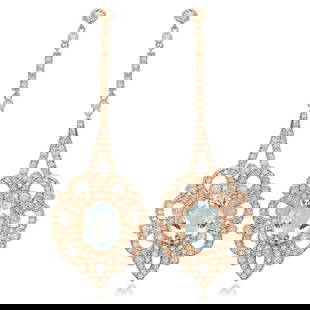 14K Rose Gold 7.37ct Aquamarine and 2.57ct Diamond Earrings: Retail: $21,466.00 ****** 14K Rose Gold 7.37ct Aquamarine and 2.57ct Diamond Earrings ****** Metal: 14K Rose Gold / Total Item Weight: 10.5 Grams / Country Made: United States / / Main Stone: