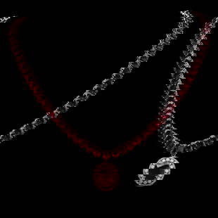 14K Gold 115.49ct Ruby 1.38ct Diamond Necklace: Retail: $42,988.00 ****** 14K Gold 115.49ct Ruby 1.38ct Diamond Necklace ****** Metal: 14K Rose Gold / Total Item Weight: 52.3 Grams / Country Made: United States / / Main Stone: Ruby / Color: Red /