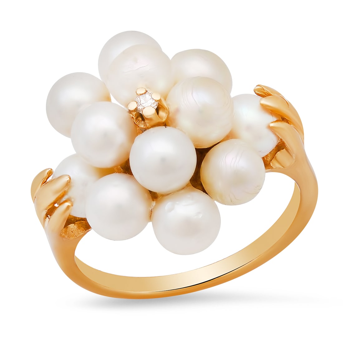 14K Yellow Gold Setting with 12 Round White Pearls and 0.03ct Diamond Ladies Ring: Retail: $1,280.00 ****** 14K Yellow Gold Setting with 12 Round White Pearls and 0.03ct Diamond Ladies Ring ****** Size: 5.5(we offer free resizing to winning bidders) / Metal: 14K Yellow Gold / Total 