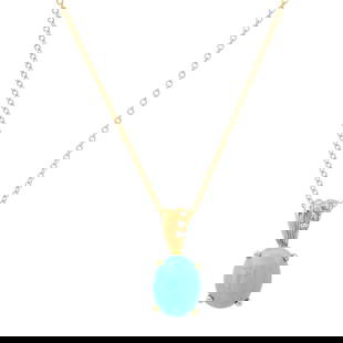 14K Yellow Gold Setting with 2.29ct Turquoise and 0.02ct Diamond LALI Designor Pendant: Retail: $1,998.00 ****** 14K Yellow Gold Setting with 2.29ct Turquoise and 0.02ct Diamond LALI Designor Pendant ****** Size: 18 / Metal: 14K Yellow Gold / Total Item Weight: 2.4 Grams / Country Made: