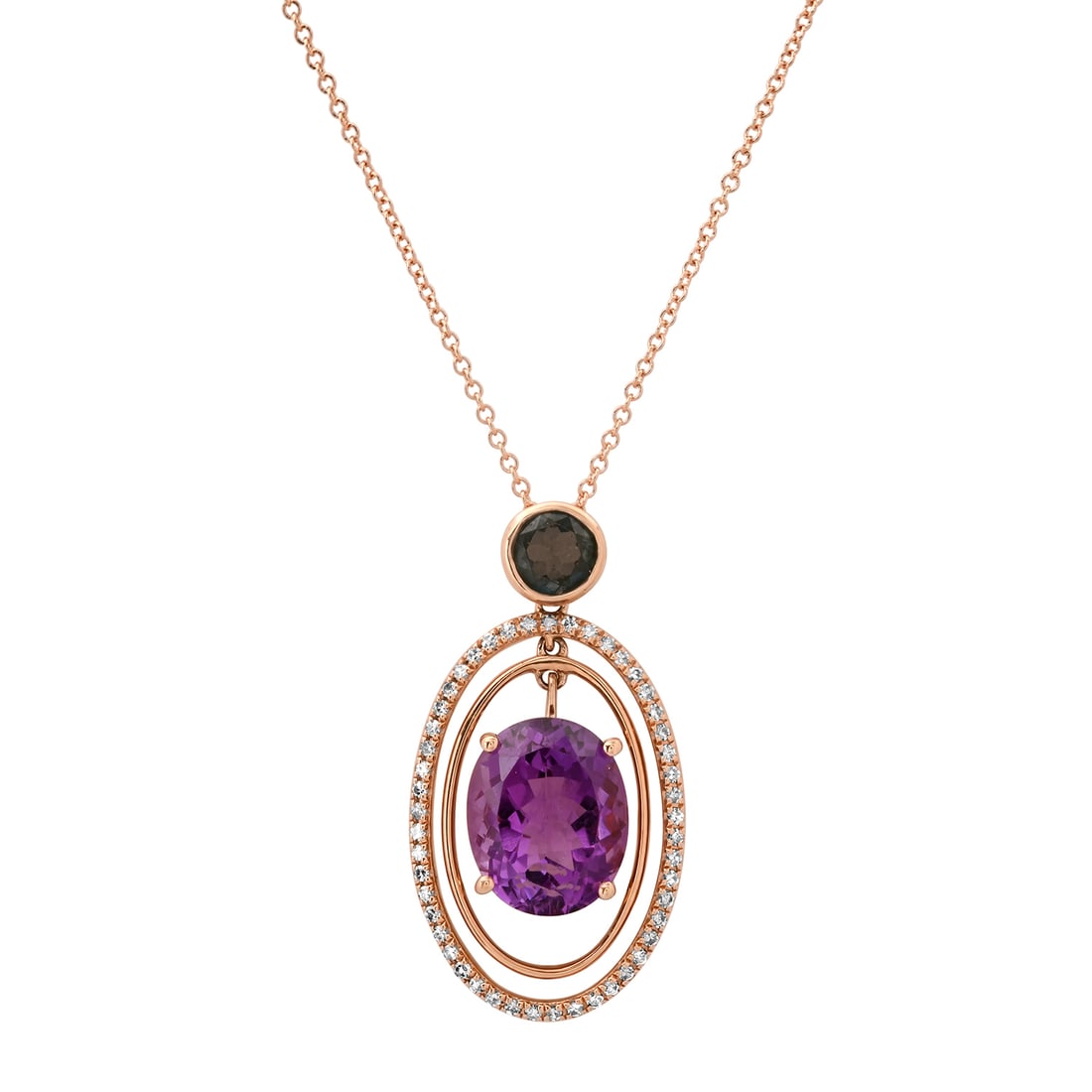 14K Rose Gold Setting with 4.45ct Amethyst, 0.44ct Sapphire and 0.24ct Diamond LALI" Designor Ladies: Retail: $3,440.00 ****** 14K Rose Gold Setting with 4.45ct Amethyst, 0.44ct Sapphire and 0.24ct Diamond LALI" Designor Ladies Pendant ****** Size: 18" / Metal: 14K Rose Gold / Total Item Weight: 4.2 G