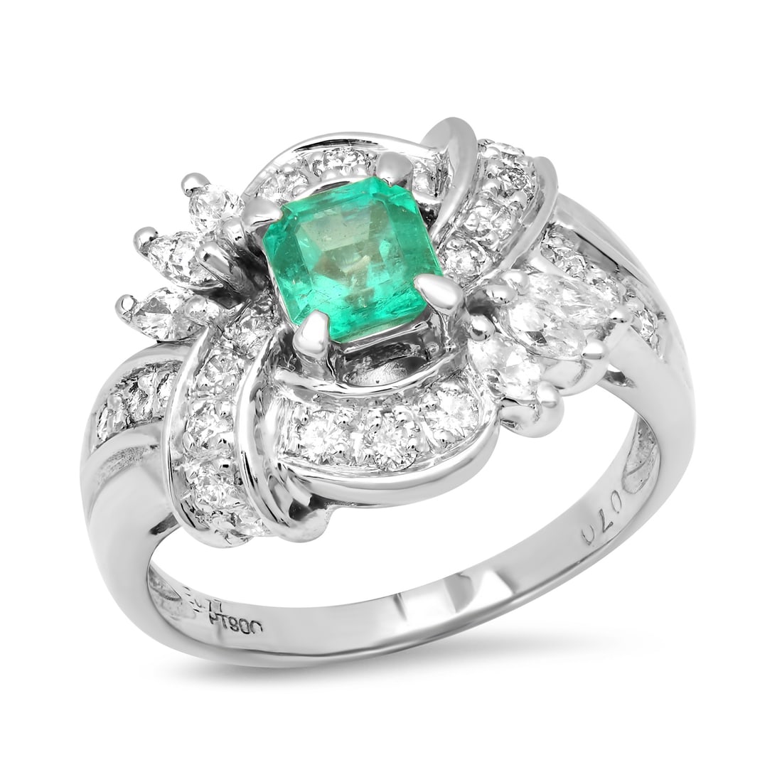 Platinum Setting with 0.77ct Emerald and 0.70ct Diamond Ladies Ring: Retail: $6,100.00 ****** Platinum Setting with 0.77ct Emerald and 0.70ct Diamond Ladies Ring ****** Size: 7.5 (we offer free resizing to winning bidders) / Metal: Platinum / Total Item Weight: 7.8 Gra