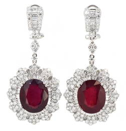 18K White Gold Ladies Earrings with 17.11ct Rubies and 4.96ct tw Adjacent Diamonds