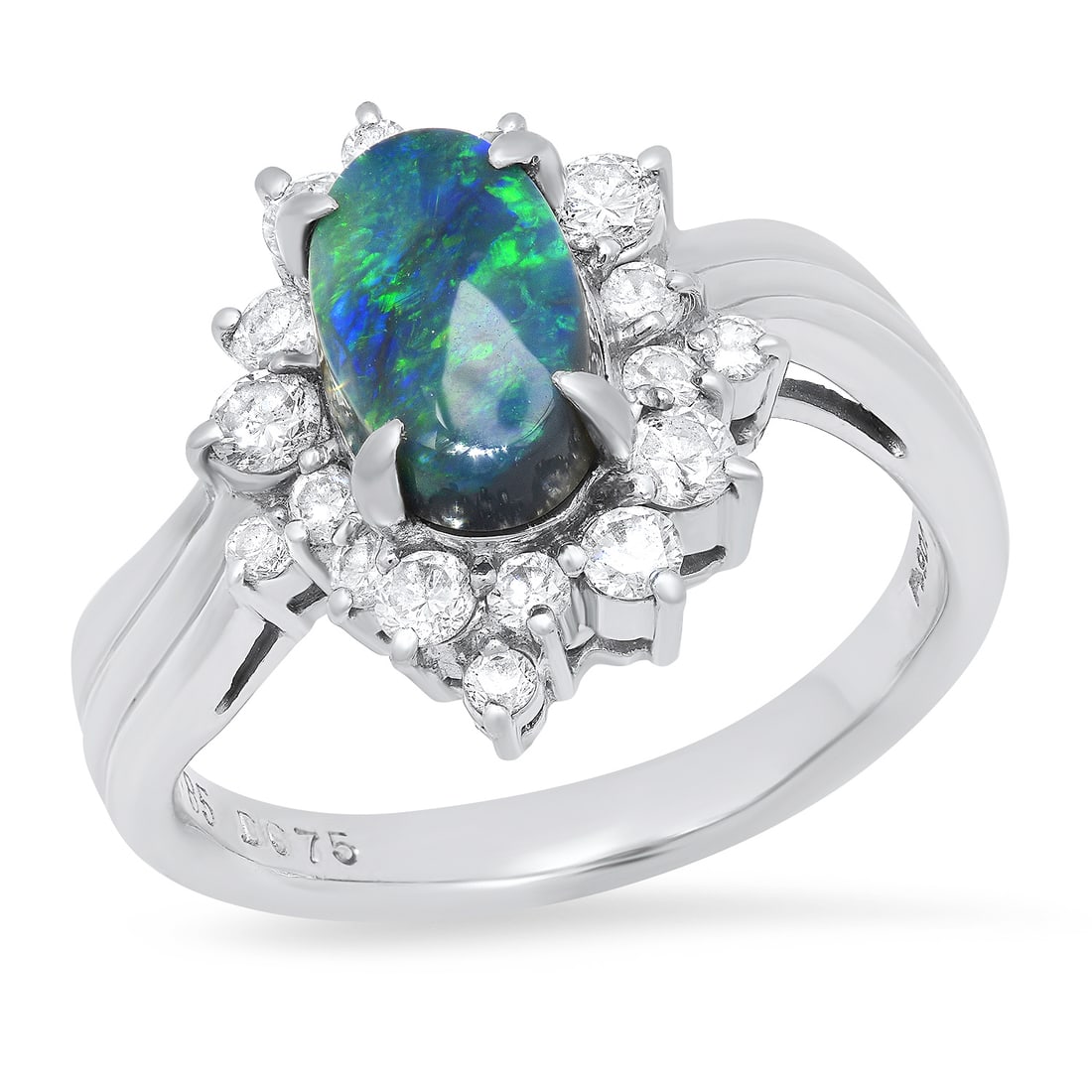 Platinum Setting with 1.85ct Opal and 0.75ct Diamond Ladies Ring: Retail: $6,855.00 ****** Platinum Setting with 1.85ct Opal and 0.75ct Diamond Ladies Ring ****** Size: 8.5(we offer free resizing to winning bidders) / Metal: Platinum / Total Item Weight: 9.3 Grams /