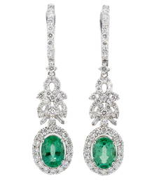 18K White Gold Ladies Earrings with 2.11ct Emeralds and 1.98ct tw Adjacent Diamonds