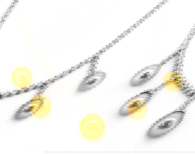 18K White Gold Ladies Necklace with 5 Golden South Sea Pearls and 6.29ct tw Adjacent Diamonds