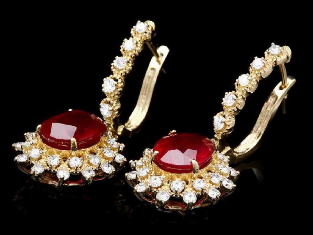 14K Yellow Gold 8.12ct Ruby and 1.74ct Diamond Earrings: Retail: $8,920.00 ****** 14K Yellow Gold 8.12ct Ruby and 1.74ct Diamond Earrings ****** Metal: 14K Yellow Gold / Total Item Weight: 8.5 Grams / Country Made: United States / / Main Stone: Ruby / Color