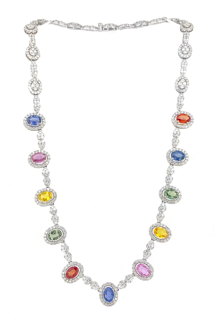 18K White Gold Necklace with 9.65ct Sapphire and 8.76ct Diamonds: Retail: $32,000.00 ****** 18K White Gold Necklace with 9.65ct Sapphire and 8.76ct Diamonds ****** Size: 16.5 / Metal: 18K White Gold / Total Item Weight: 27.7 Grams / Country Made: United States / / M