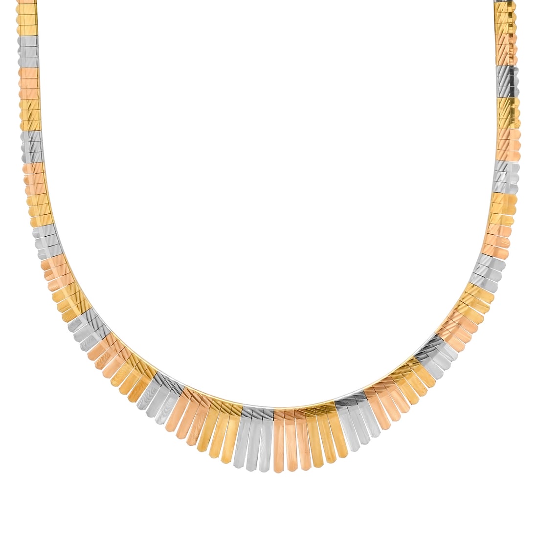 18K Yellow, White and Rose Gold Etched Flat Link Necklace: Retail: $5,627.00 ****** 18K Yellow, White and Rose Gold Etched Flat Link Necklace ****** Size: 15.5 Inches / Metal: 18K Yellow, White and Rose Gold / Total Item Weight: 34.1 Grams / Country Made: Uni