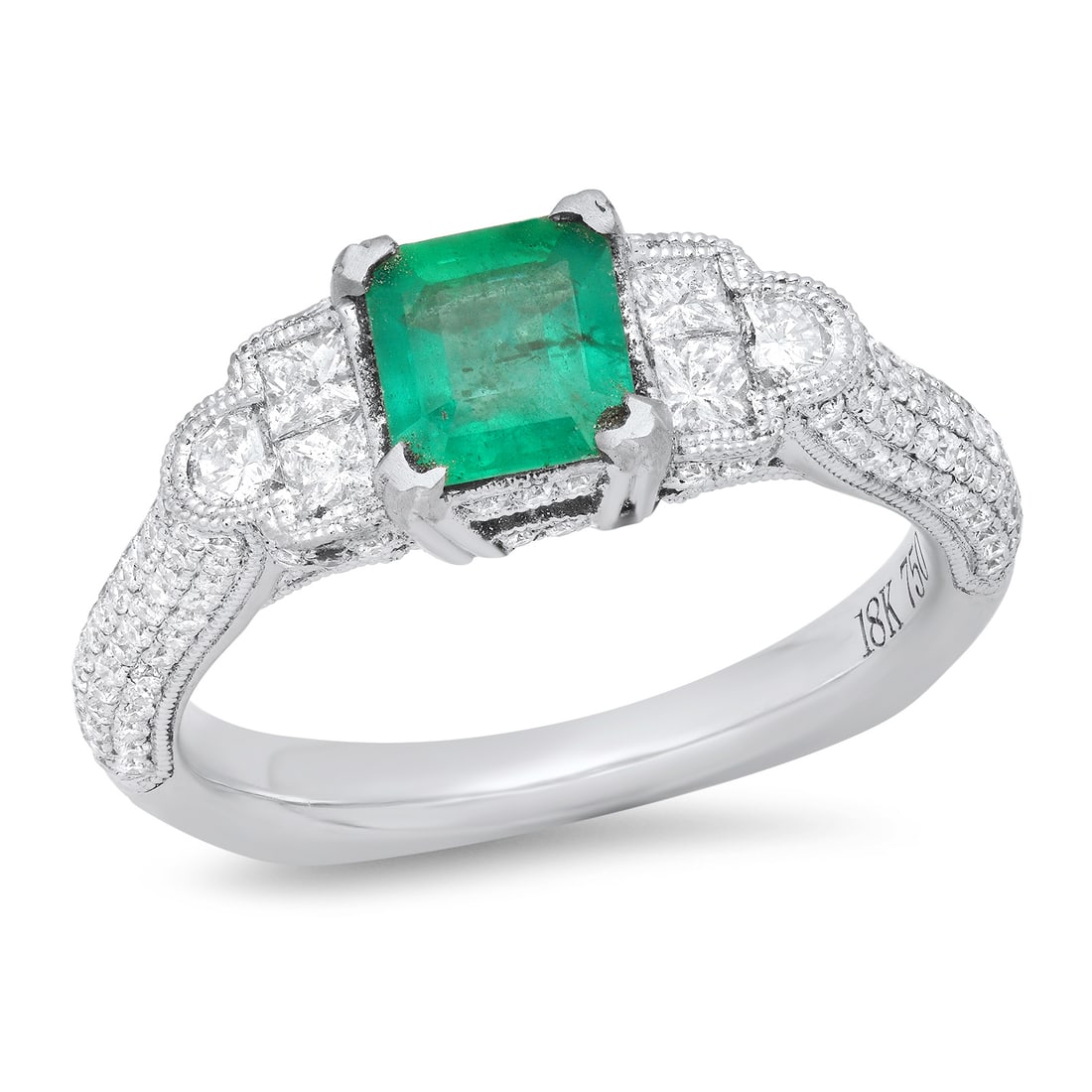 18K White Gold Setting with 0.68ct Emerald and 1.14ct Diamond Ring: Retail: $6,820.00 ****** 18K White Gold Setting with 0.68ct Emerald and 1.14ct Diamond Ring ****** Size: 6.75 (we offer free resizing to winning bidders) / Metal: 18K White Gold / Total Item Weight: 6