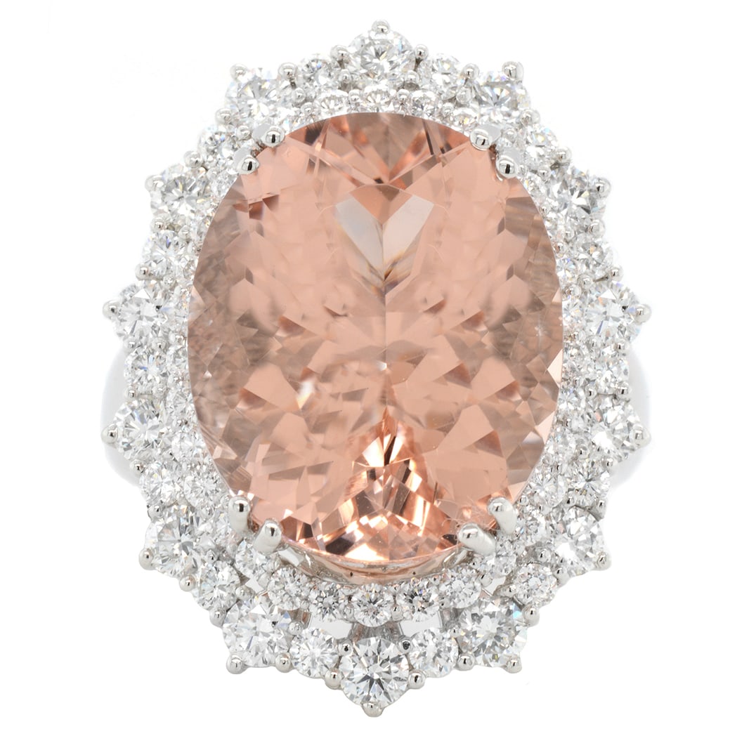 18K White Gold Ladies Ring with 13.03ct Morganite and 2.15ct tw Adjacent Diamonds: Retail: $11,500.00 ****** 18K White Gold Ladies Ring with 13.03ct Morganite and 2.15ct tw Adjacent Diamonds ****** Size: 6.5 / Metal: 18K White Gold / Total Item Weight: 12.1 Grams / Country Made: Uni