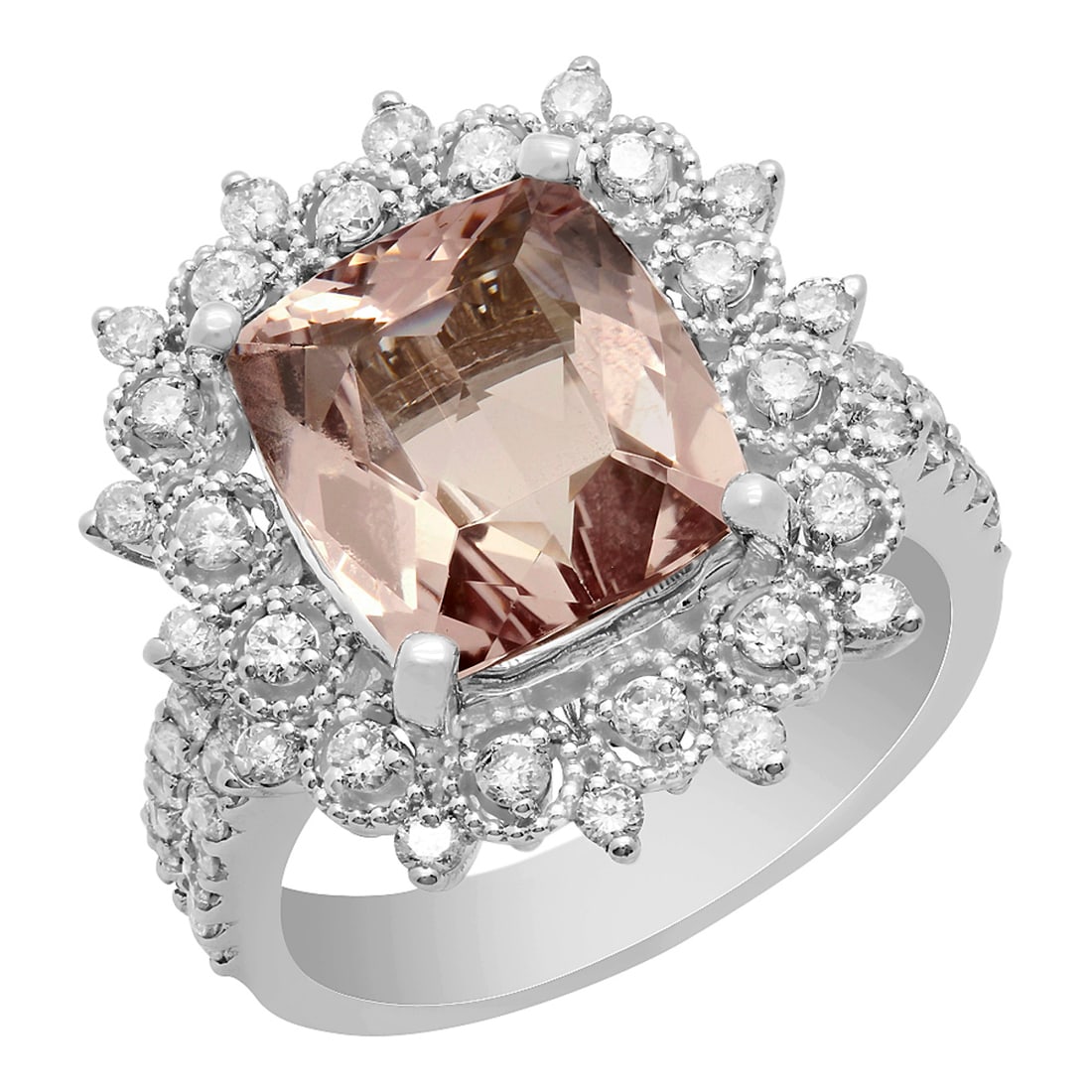 14k White Gold 3.79ct Morganite 0.92ct Diamond Ring: Retail: $11,500.00 ****** 14k White Gold 3.79ct Morganite 0.92ct Diamond Ring ****** Metal: 14K White Gold / Total Item Weight: 8.20 grams / Country Made: United States / / Main Stone: Morganite / Col