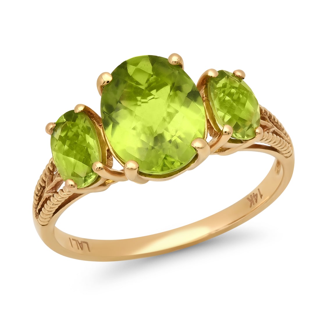 14K Yellow Gold Setting with 4.42ct Peridot LALI" Designor Ladies Ring": Retail: $3,125.00 ****** 14K Yellow Gold Setting with 4.42ct Peridot LALI" Designor Ladies Ring ****** Size: 8 / Metal: 14K Yellow Gold / Total Item Weight: 2.89 Grams / Country Made: United States /