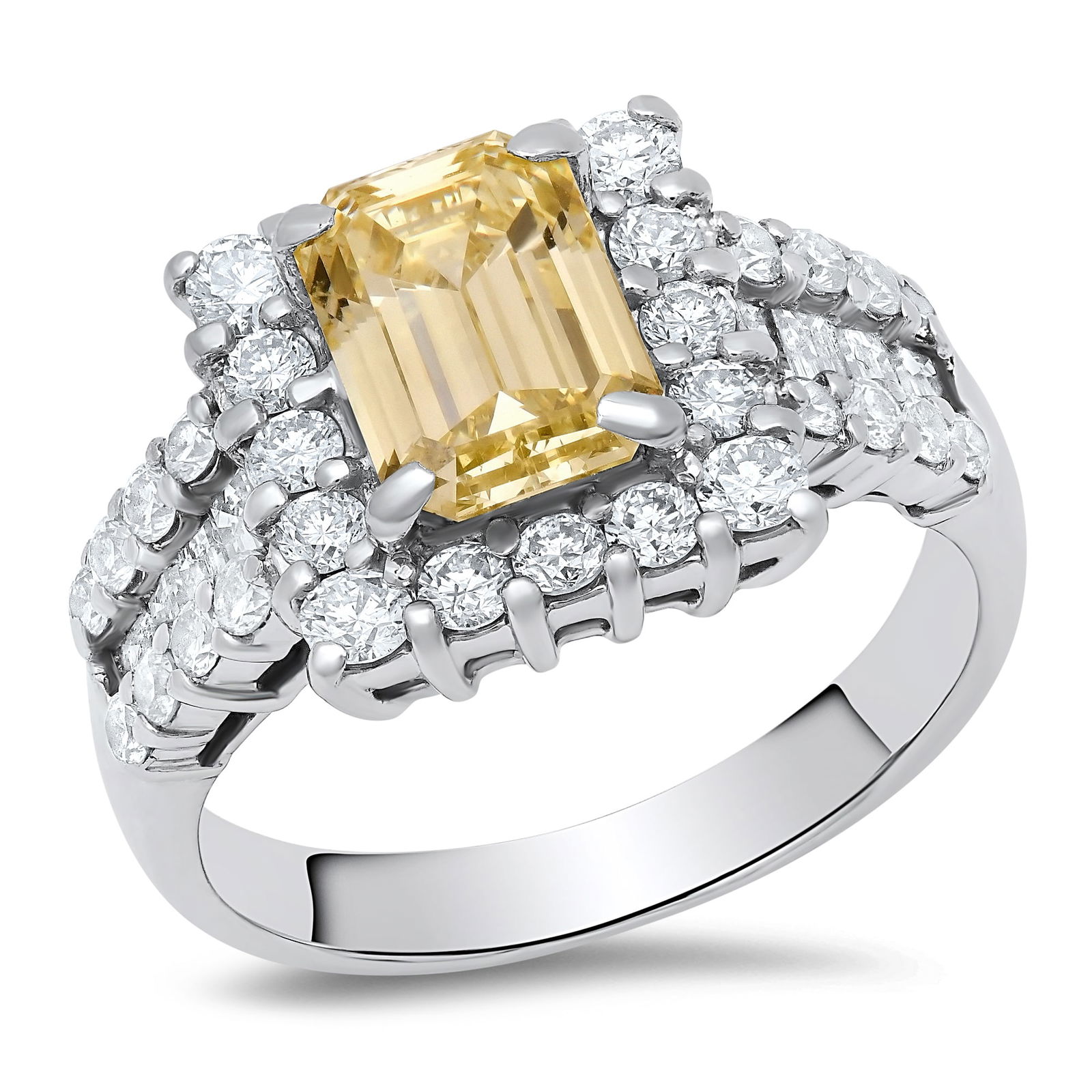 Platinum Setting with 1.81ct Fancy Yellow Center Diamond and 2.93tcw Diamond Ladies Ring: Retail: $29,200.00 ****** Platinum Setting with 1.81ct Fancy Yellow Center Diamond and 2.93tcw Diamond Ladies Ring ****** Size: 6.5 (we offer free resizing to winning bidders) / Metal: Platinum 900 /