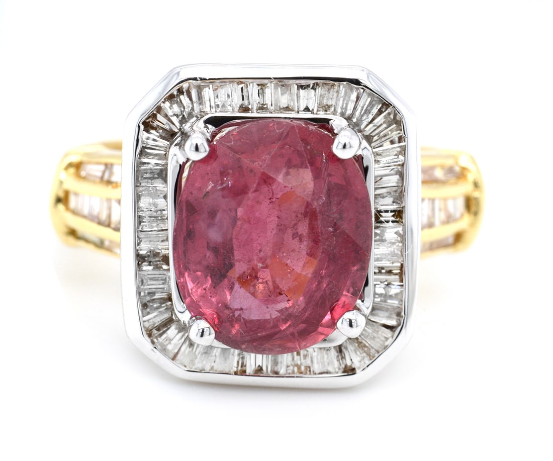 18K Yellow And White Gold Ladies Ring with 5.17ct Ruby and 0.73tcw Adjacent Diamonds: Retail: $8,400.00 ****** 18K Yellow And White Gold Ladies Ring with 5.17ct Ruby and 0.73tcw Adjacent Diamonds ****** Size: 6.5 / Metal: 18K Yellow and White Gold / Total Item Weight: 7.9 Grams / Count