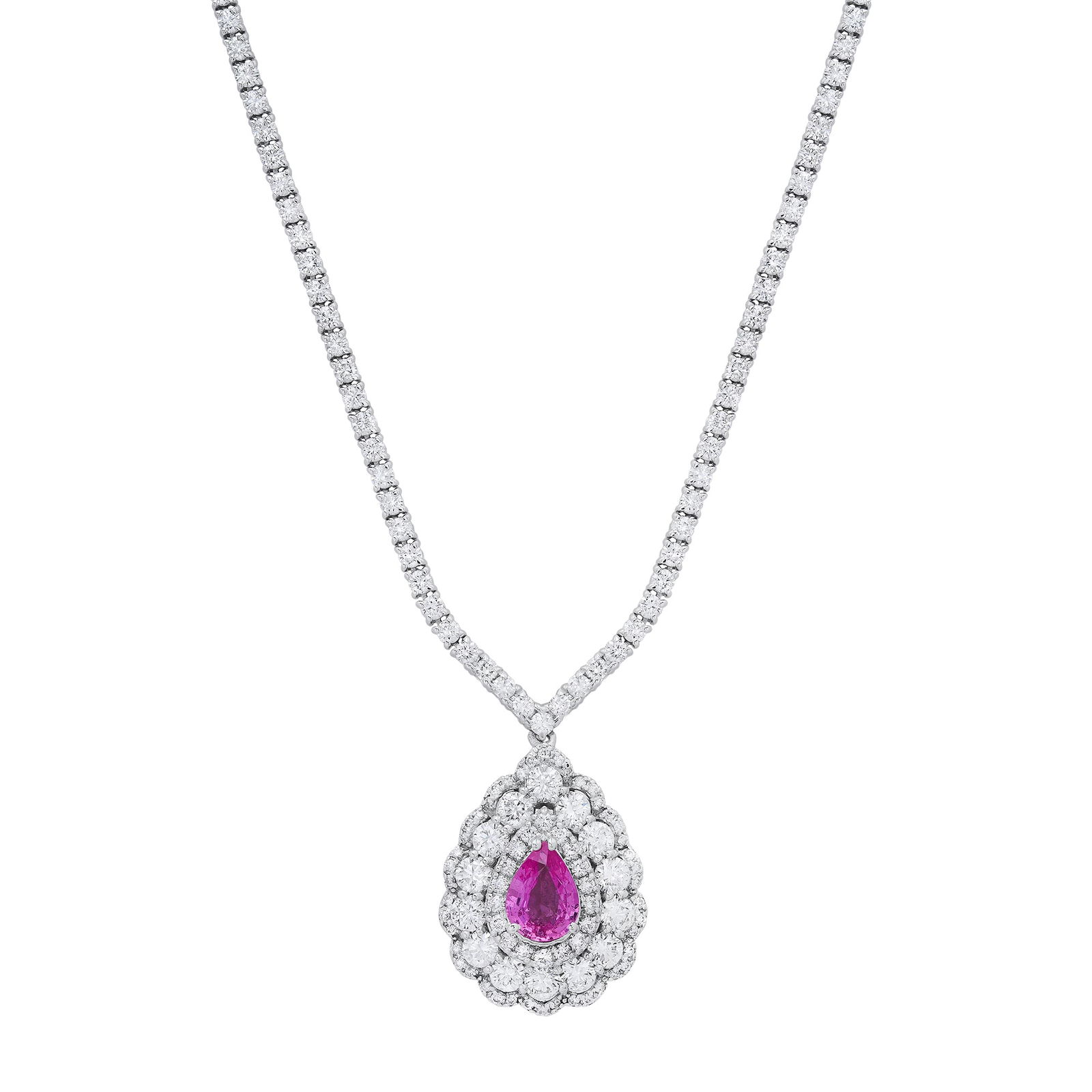14K White Gold Ladies Necklace with 1.15ct Pink Sapphire and 5.89tcw Diamonds: Retail: $45,150.00 ****** 14K White Gold Ladies Necklace with 1.15ct Pink Sapphire and 5.89tcw Diamonds ****** Size: 17 / Metal: 14K White Gold / Total Item Weight: 16.8 Grams / Country Made: United S
