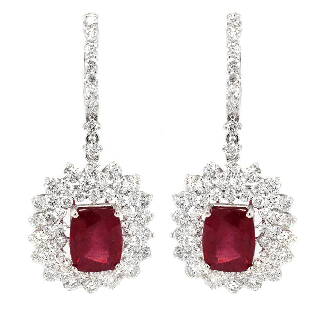 18K White Gold Ladies Earrings with 5.52ct tw Natural Rubies and 4.18ct tw Adjacent Diamonds: Retail: $17,500.00 ****** 18K White Gold Ladies Earrings with 5.52ct tw Natural Rubies and 4.18ct tw Adjacent Diamonds ****** Metal: 18K White Gold / Total Item Weight: 8.1 Grams / Country Made: