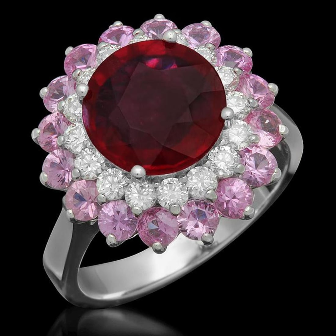 14K White Gold 3.0ct Ruby 2.13ct Sapphire and 0.58ct Diamond Ring: Retail: $5,200.00 ****** 14K White Gold 3.0ct Ruby 2.13ct Sapphire and 0.58ct Diamond Ring ****** Metal: 14K White Gold / Total Item Weight: 6.5 Grams / Country Made: United States / / Main Stone: