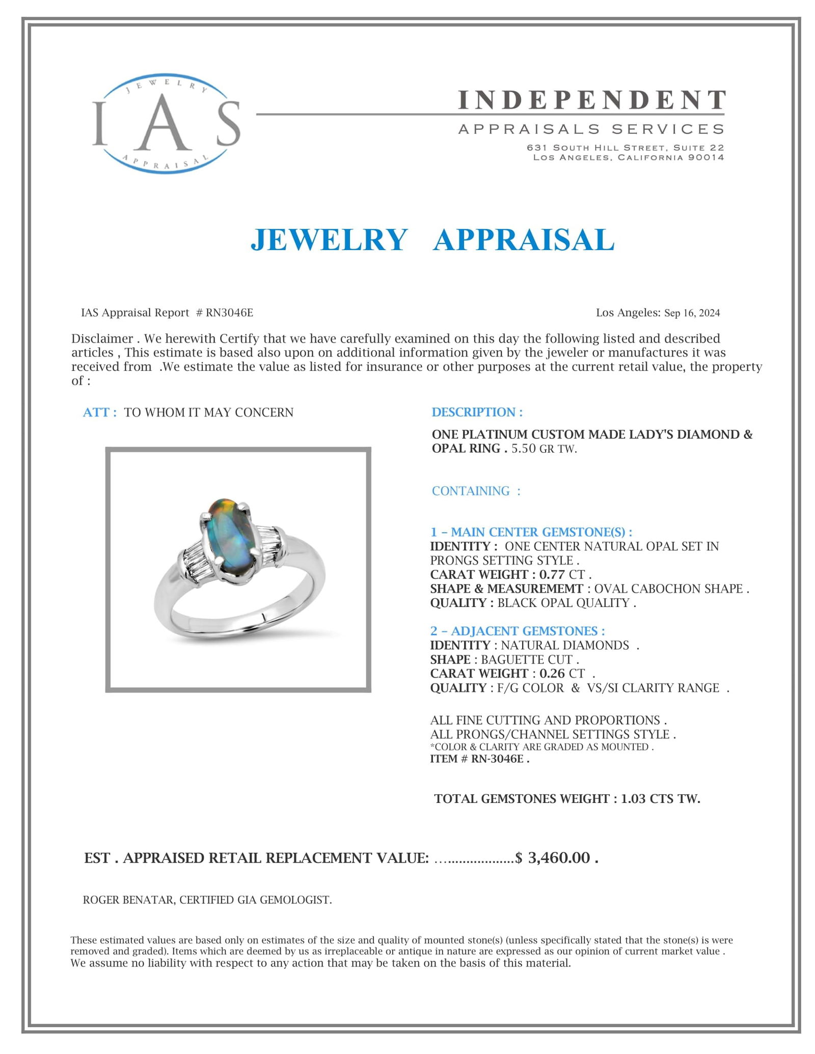 Platinum Setting with 0.77ct Black Opal and 0.26ct Diamond Ladies Ring - 5