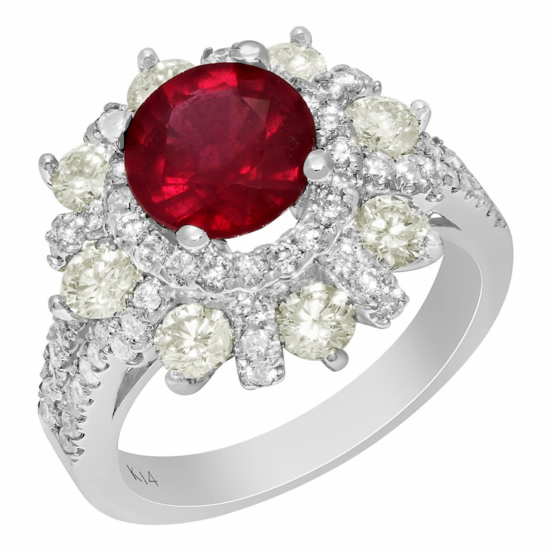 14k White Gold 2.20ct Ruby 1.88ct Diamond Ring: Retail: $7,795.00 ****** 14k White Gold 2.20ct Ruby 1.88ct Diamond Ring ****** Metal: 14K White Gold / Total Item Weight: 7.00 grams / Country Made: United States / / Main Stone: Ruby / Color: Intense