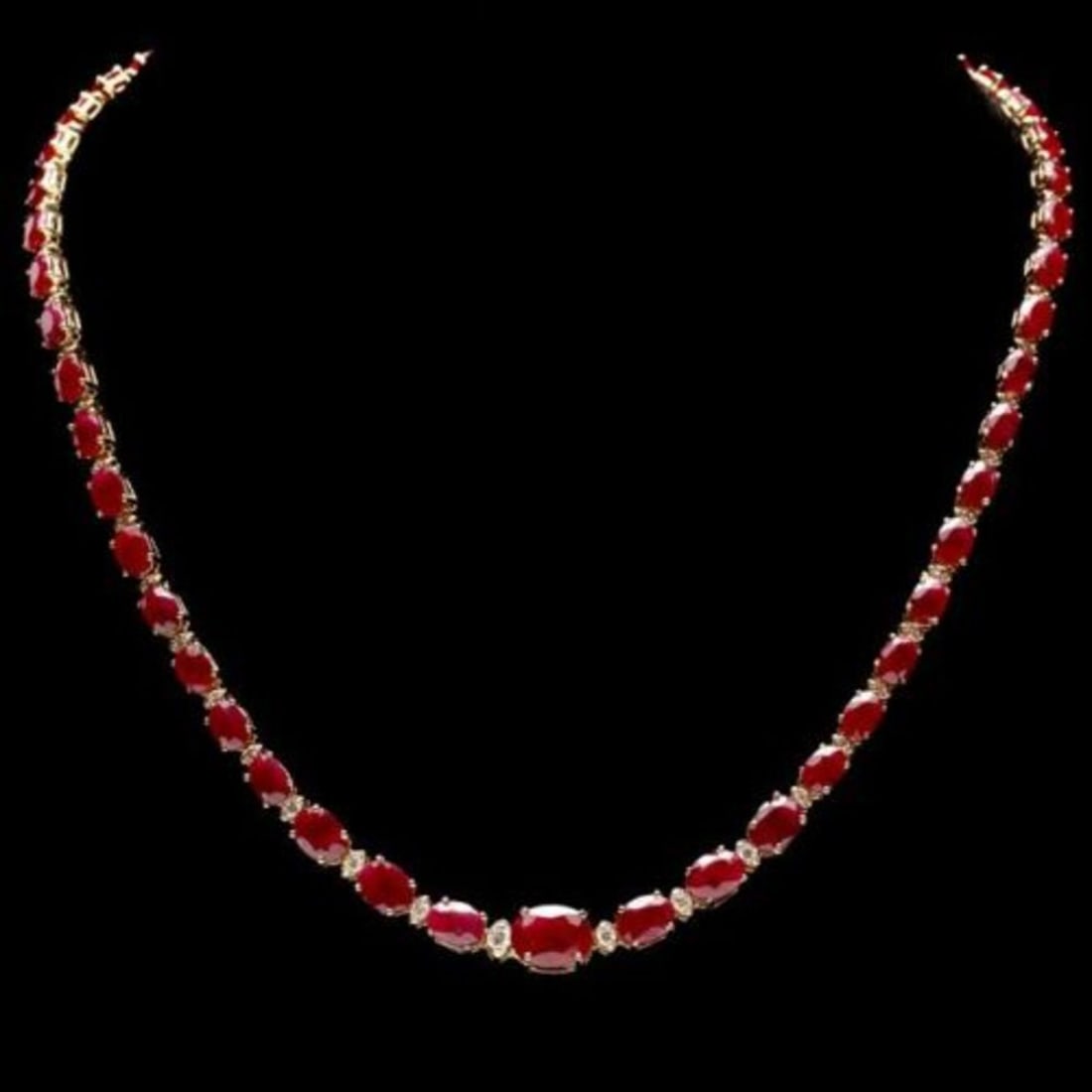 14K Yellow Gold 32.20ct Ruby and 1.35ct Diamond Necklace: Retail: $21,285.00 ****** 14K Yellow Gold 32.20ct Ruby and 1.35ct Diamond Necklace ****** Metal: 14K Yellow Gold / Total Item Weight: 23.2 Grams / Country Made: United States / / Main Stone: Ruby /