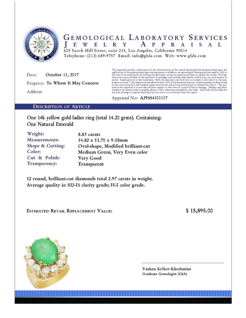 14k Yellow Gold 8.83ct Emerald 2.97ct Diamond Ring - 4