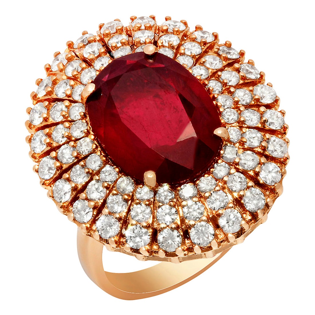 14k Rose Gold 6.71ct Ruby 1.89ct Diamond Ring: Retail: $10,720.00 ****** 14k Rose Gold 6.71ct Ruby 1.89ct Diamond Ring ****** Metal: 14K Rose Gold / Total Item Weight: 11.90 grams / Country Made: United States / / Main Stone: Ruby / Color: Intense