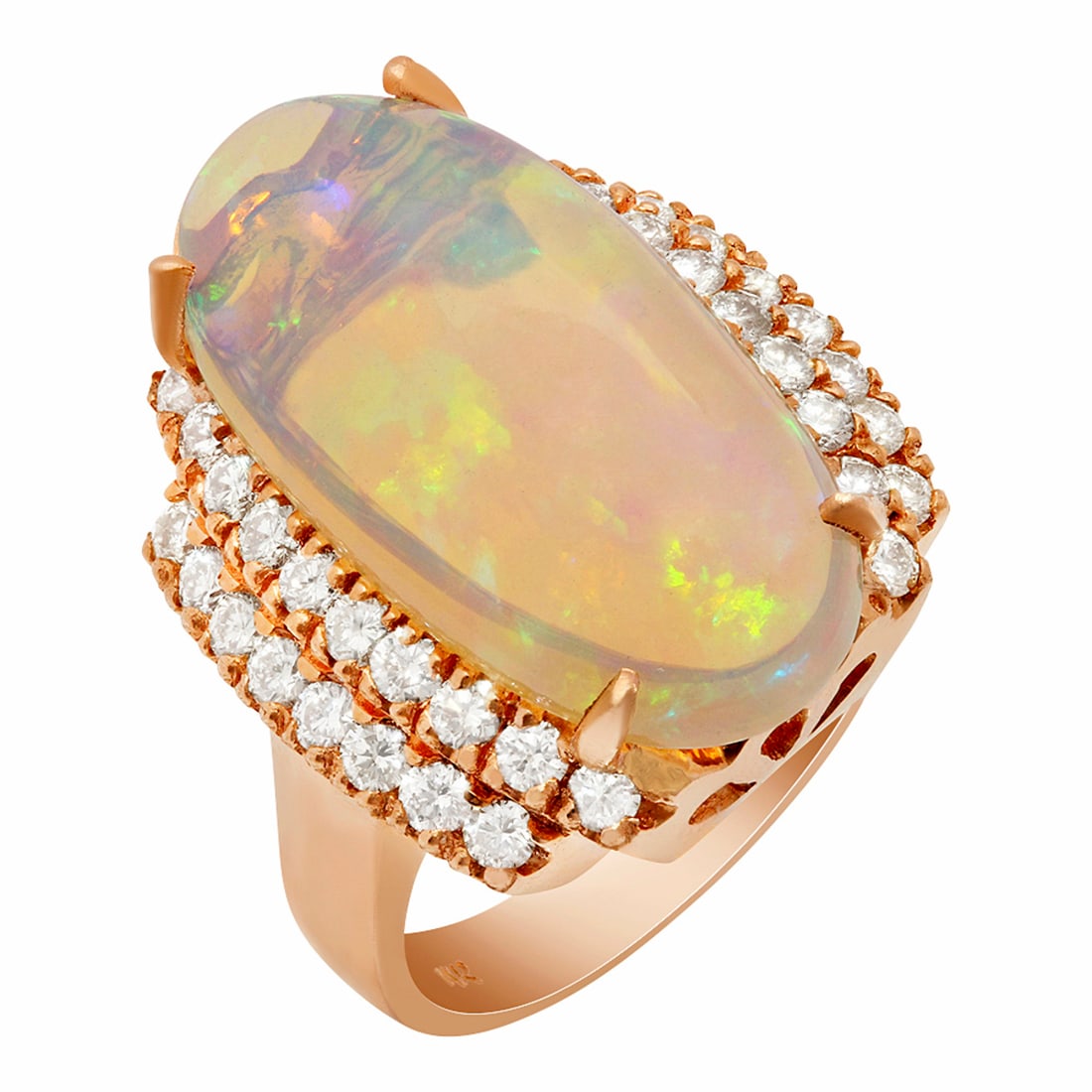14k Rose Gold 8.91ct Opal 1.09ct Diamond Ring: Retail: $11,060.00 ****** 14k Rose Gold 8.91ct Opal 1.09ct Diamond Ring ****** Metal: 14K Rose Gold / Total Item Weight: 10.10 grams / Country Made: United States / / Main Stone: Opal / Color: Play