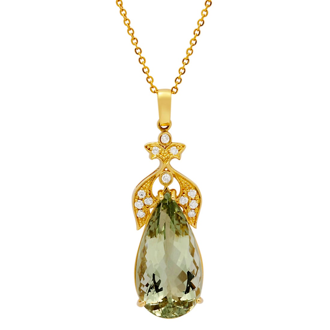 14k Yellow Gold 23.10ct Green Quartz 0.42ct Diamond Pendant: Retail: $9,290.00 ****** 14k Yellow Gold 23.10ct Green Quartz 0.42ct Diamond Pendant ****** Metal: 14K Yellow Gold / Total Item Weight: 11.30 grams / Country Made: United States / / Main Stone: