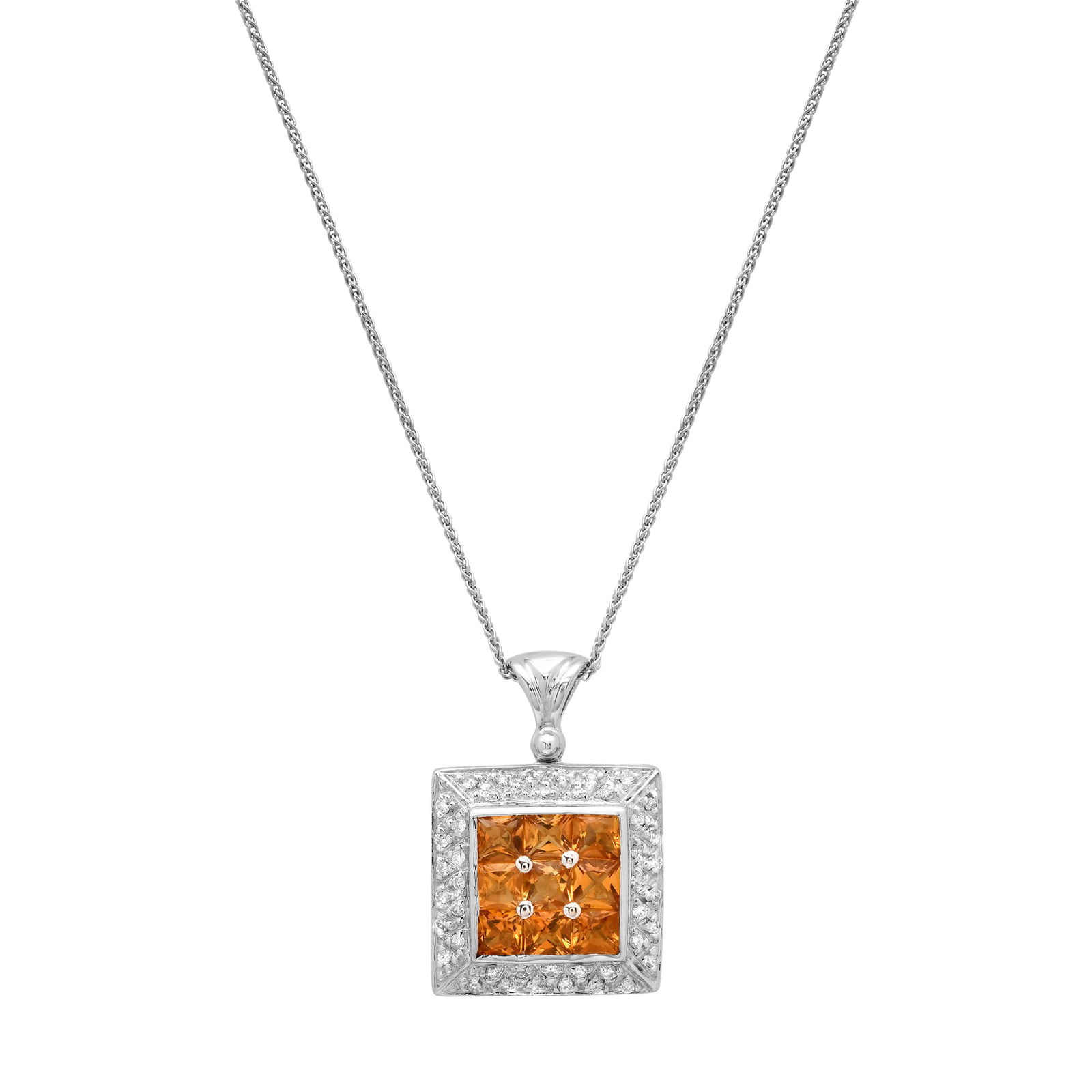 18K White Gold Setting with 1.22ct Citrine and 0.17ct Diamond Ladies Pendant: Retail: $2,810.00 ****** 18K White Gold Setting with 1.22ct Citrine and 0.17ct Diamond Ladies Pendant ****** Size: 18 / Metal: 18K White Gold / Total Item Weight: 4.9 Grams / Country Made: United