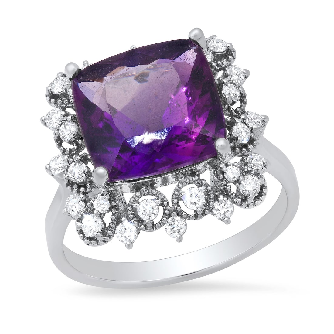 14K White Gold 5.04ct Amethysist and 0.60ct Diamond Ring: Retail: $3,640.00 ****** 14K White Gold 5.04ct Amethysist and 0.60ct Diamond Ring ****** Metal: 14K White Gold / Total Item Weight: 5.1 Grams / Country Made: United States / / Main Stone: Amethysist /