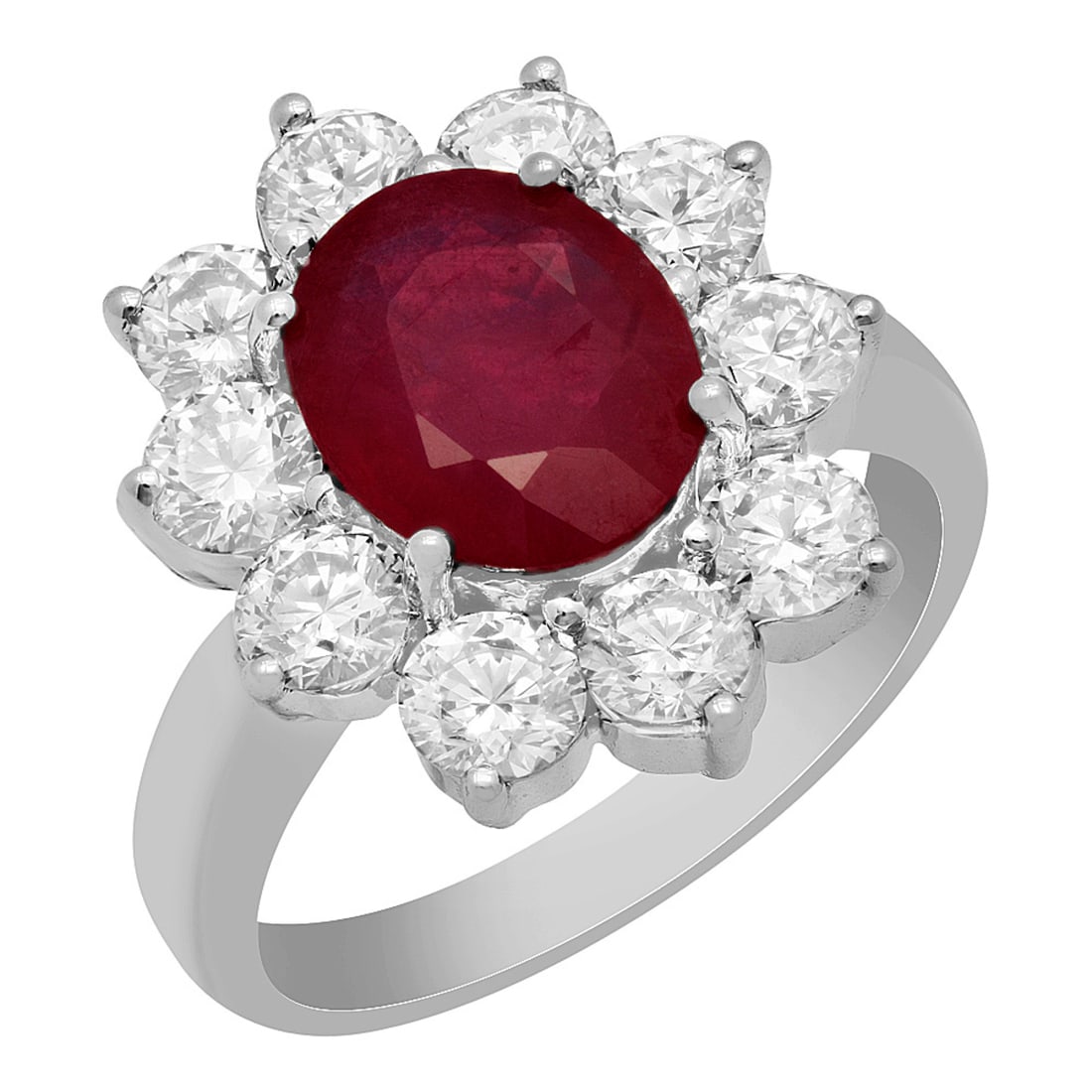 14k White Gold 2.86ct Ruby 2.18ct Diamond Ring: Retail: $8,725.00 ****** 14k White Gold 2.86ct Ruby 2.18ct Diamond Ring ****** Metal: 14K White Gold / Total Item Weight: 7.30 grams / Country Made: United States / / Main Stone: Ruby / Color: Intense