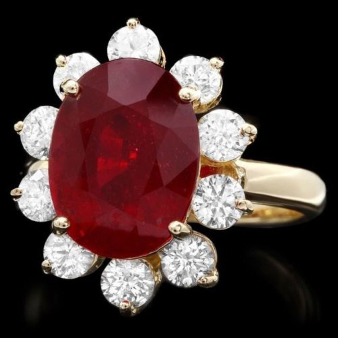 14K Yellow Gold7.86ct Ruby and 1.38ct Diamond Ring: Retail: $12,268.00 ****** 14K Yellow Gold7.86ct Ruby and 1.38ct Diamond Ring ****** Metal: 14K Yellow Gold / Total Item Weight: 7.5 Grams / Country Made: United States / / Main Stone: Ruby / Color: