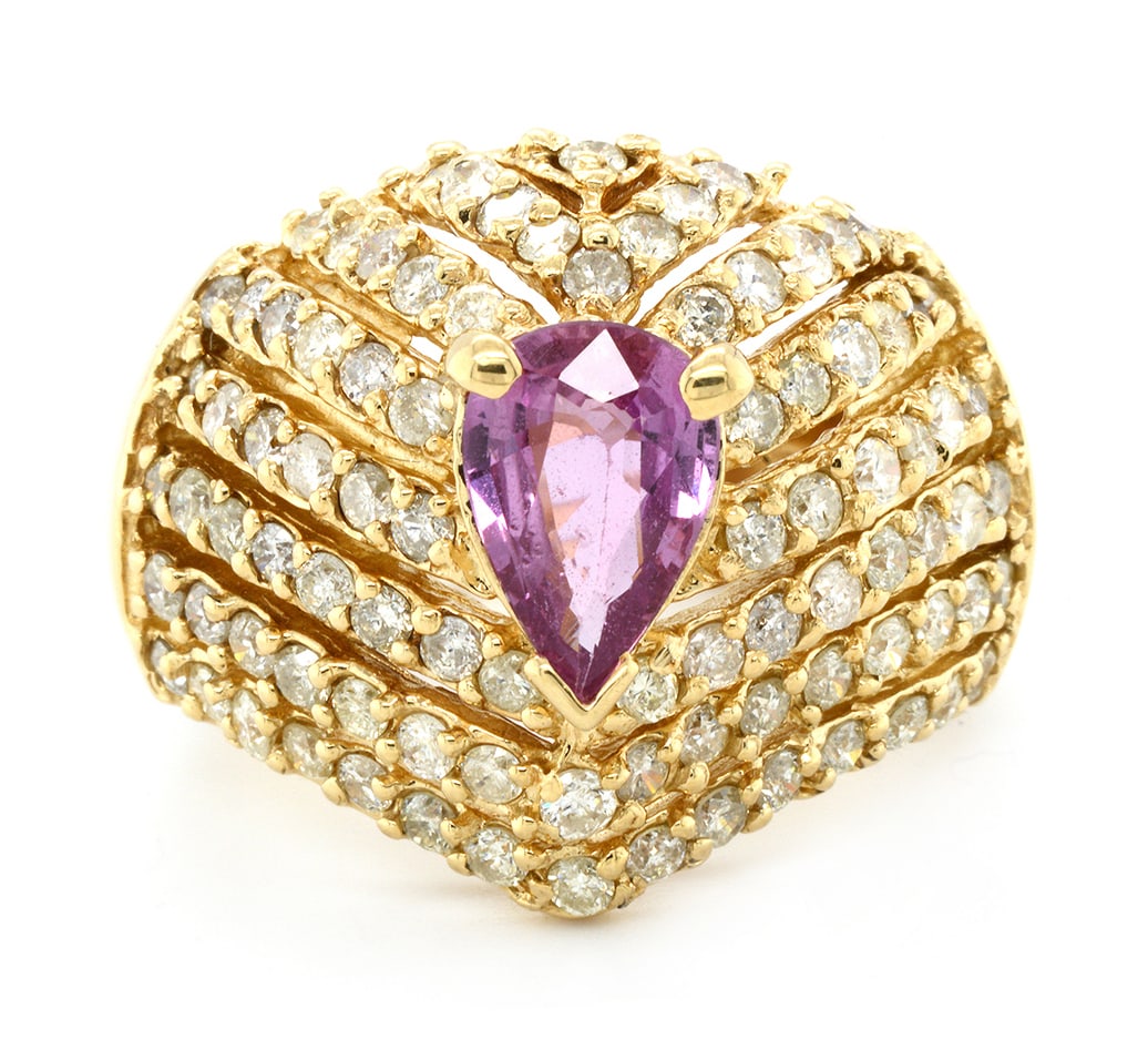 14K Yellow Gold Ladies Ring with 1.16ct Pink Sapphire and 1.49tw Diamonds: Retail: $8,000.00 ****** 14K Yellow Gold Ladies Ring with 1.16ct Pink Sapphire and 1.49tw Diamonds ****** Size: 6.5 / Metal: 14K Yellow Gold / Total Item Weight: 8.4 / Country Made: United States / 