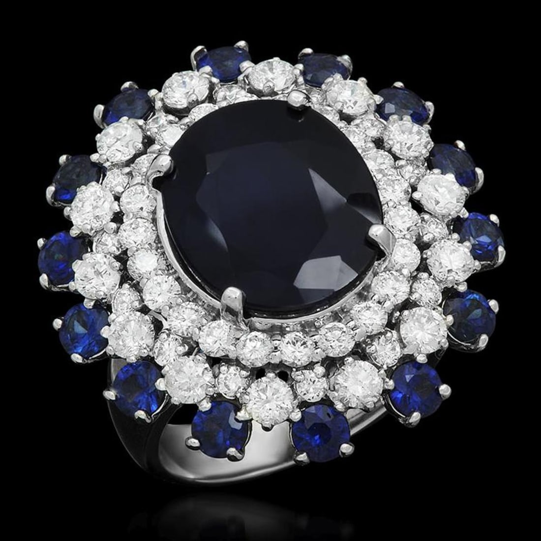 14K White Gold 10.12ct Sapphire and 2.26ct Diamond Ring: Retail: $11,400.00 ****** 14K White Gold 10.12ct Sapphire and 2.26ct Diamond Ring ****** Metal: 14K White Gold / Total Item Weight: 13.3 Grams / Country Made: United States / / Main Stone: Sapphire