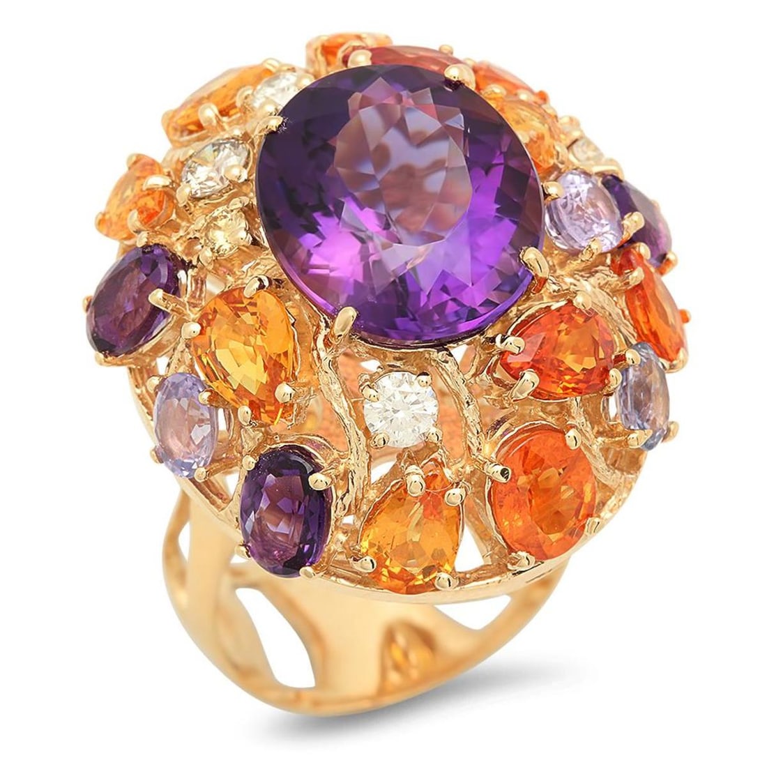 14K Yellow Gold 8.64ct Amethyst 7.42ct Sapphire and 0.47ct Diamond Ring: Retail: $9,675.00 ****** 14K Yellow Gold 8.64ct Amethyst 7.42ct Sapphire and 0.47ct Diamond Ring ****** Metal: 14K Yellow Gold / Total Item Weight: 15.6 Grams / Country Made: United States / / Main St