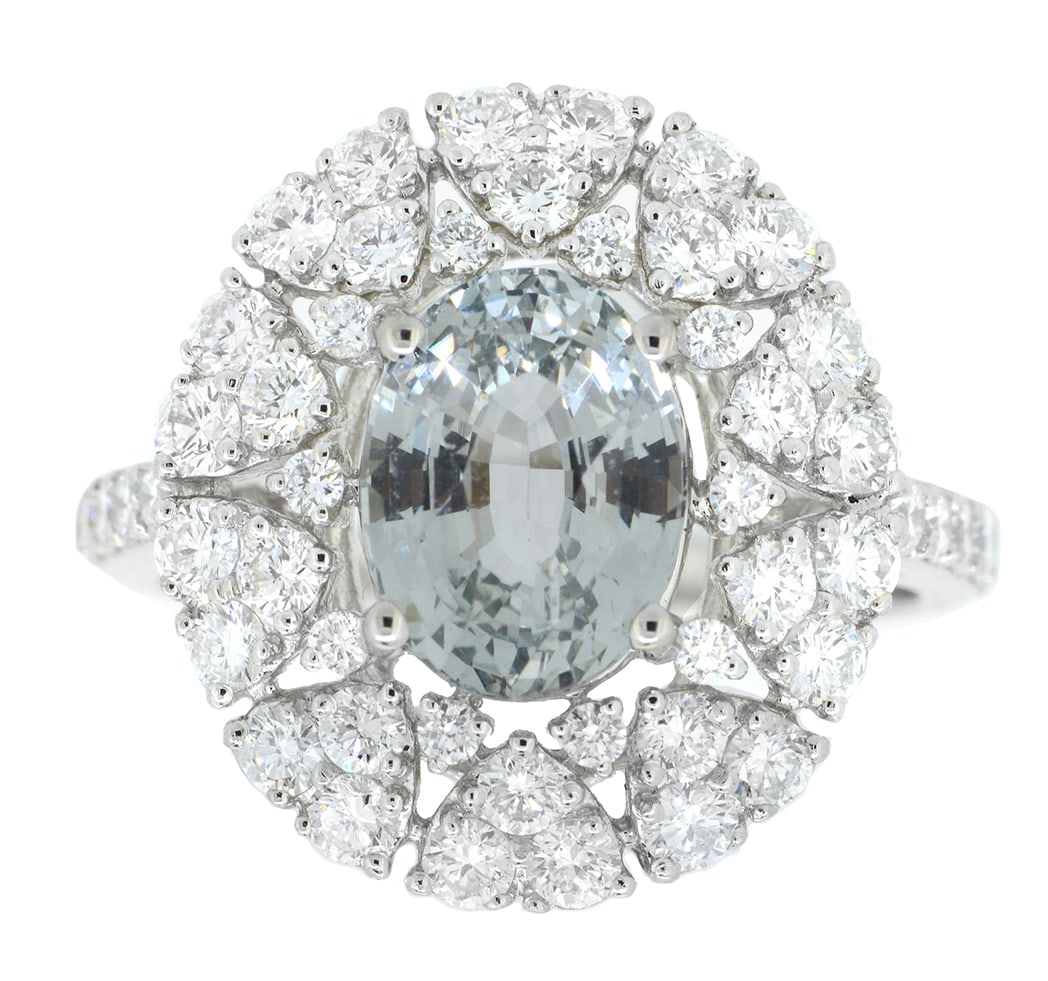 18K White Gold Ladies Ring with 2.73ct GIA Certified Sapphire and 1.42ct tw Adjacent Diamonds: Retail: $8,500.00 ****** 18K White Gold Ladies Ring with 2.73ct GIA Certified Sapphire and 1.42ct tw Adjacent Diamonds ****** Size: 6.5 / Metal: 18K White Gold / Total Item Weight: 5.1 Grams / Country