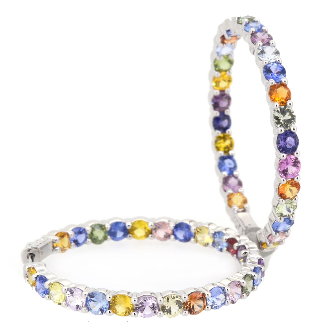 18K White Gold Ladies Hoop Earrings with 12.54ct tw Multi Color Sapphires: Retail: $12,000.00 ****** 18K White Gold Ladies Hoop Earrings with 12.54ct tw Multi Color Sapphires ****** Size: 1.5 / Metal: 18K White Gold / Total Item Weight: 16.1 Grams / Country Made: United