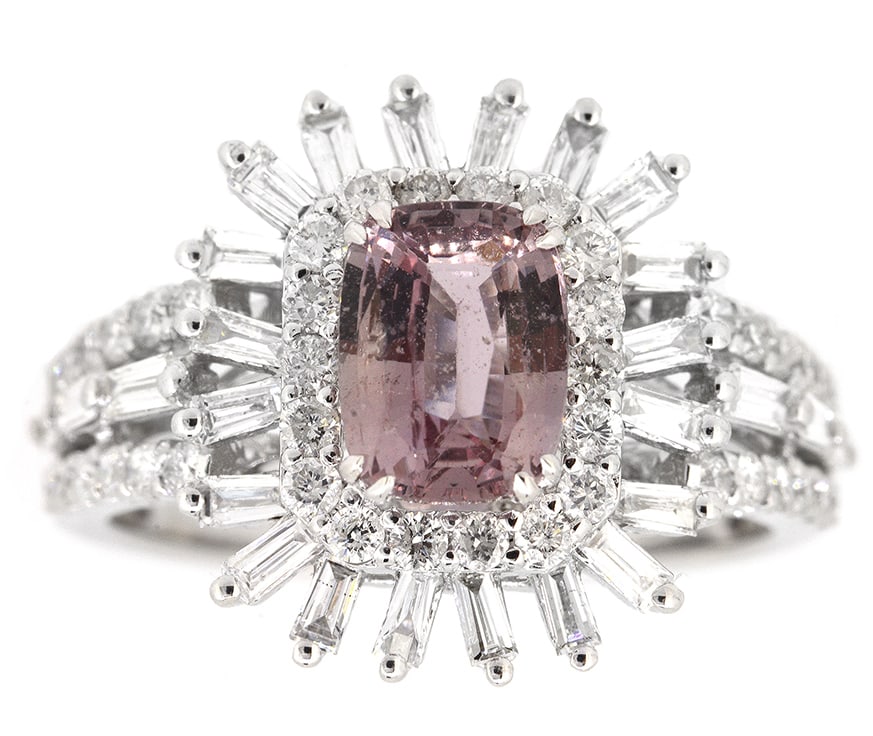 18K White Gold Ladies Ring with 1.60ct Sapphire and 1.11ct tw Adjacent Diamonds: Retail: $9,500.00 ****** 18K White Gold Ladies Ring with 1.60ct Sapphire and 1.11ct tw Adjacent Diamonds ****** Size: 6.5 / Metal: 18 K White Gold / Total Item Weight: 5.4 Grams / Country Made: