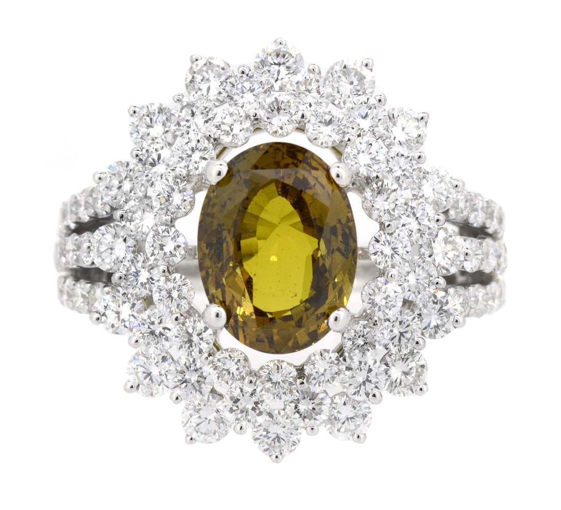 18K White Gold Ladies Ring with 3.52ct Natural Sapphire and 2.42tw Diamonds: Retail: $13,500.00 ****** 18K White Gold Ladies Ring with 3.52ct Natural Sapphire and 2.42tw Diamonds ****** Size: 6.5 / Metal: 18K White Gold / Total Item Weight: 5.9 Grams / Country Made: United Sta